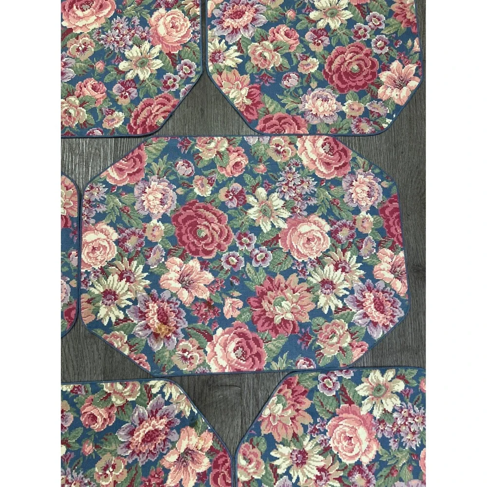 Vintage 80s 90s Quilted Placemats Set of 8 Cottagecore Cabbage Rose Floral Blue